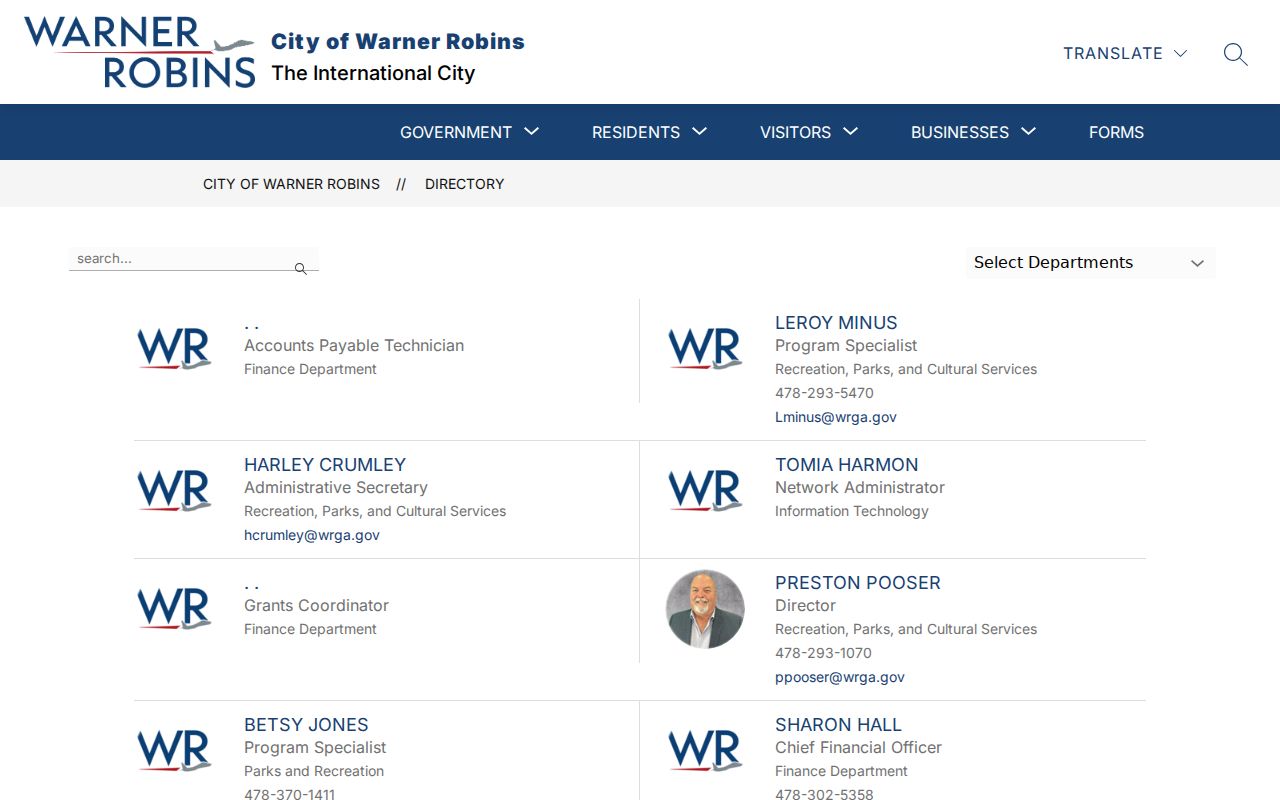 Warner Robins people search in the city staff directory
